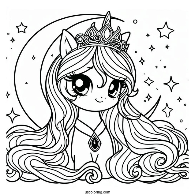 Pretty Princess Luna Coloring Page With Crown And Stars Behind Her
