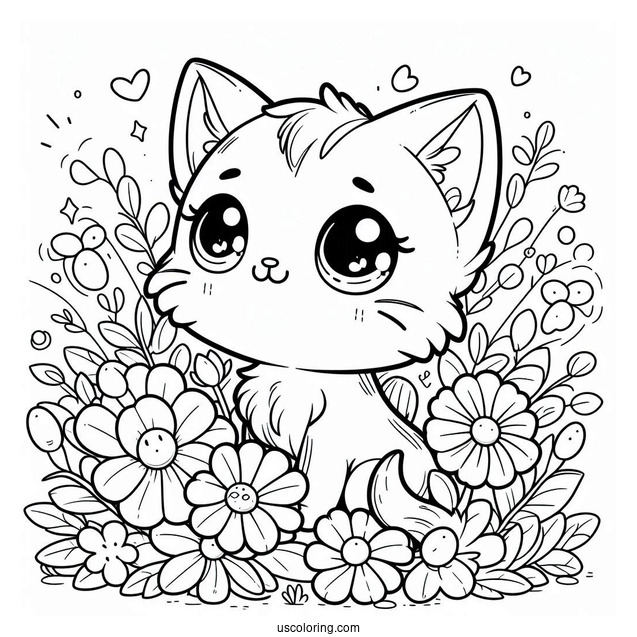 Chibi Kitten Among Flowers