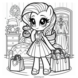 Elegant Rarity Coloring Page In Her Room With Shopping Bags