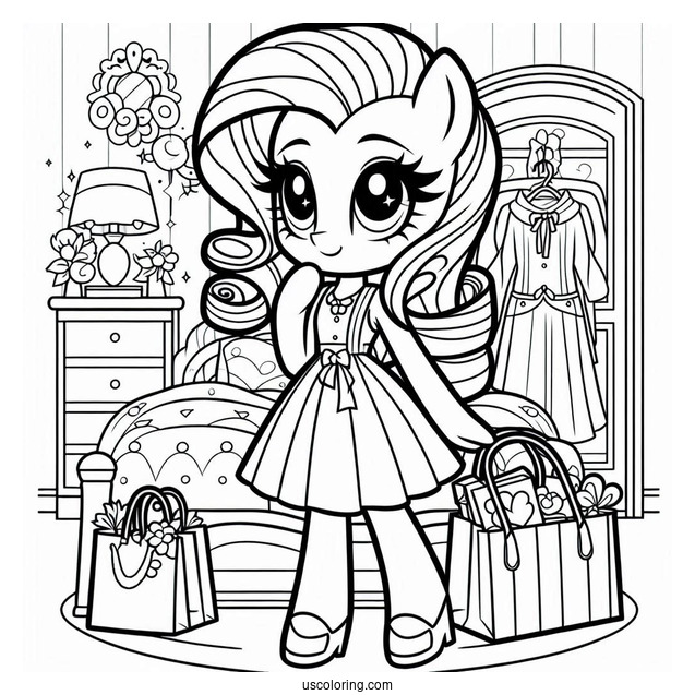 Elegant Rarity Coloring Page In Her Room With Shopping Bags