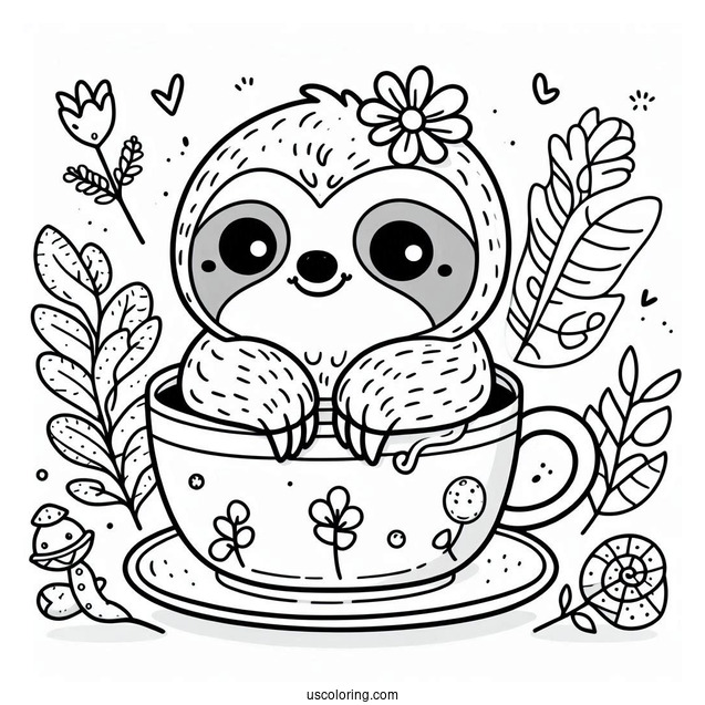 Kawaii Sloth Sitting In Teacup Coloring For Preschoolers