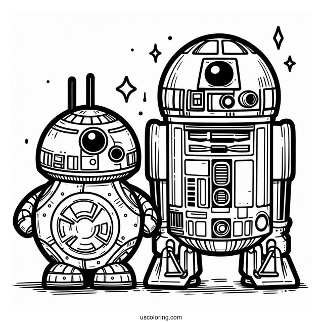 Chibi C3PO With R2 D2 Coloring Page For Preschoolers