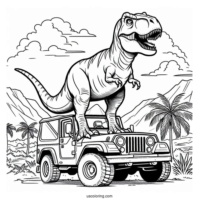 Jurassic Park T-Rex Standing On Jeep