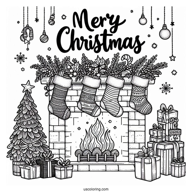 Christmas Coloring Pages For Adults Of Merry Christmas Words On Top Of Fireplace With Stockings