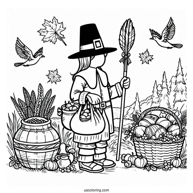 A Pilgrim Coloring Page Of A Native American Carrying Food