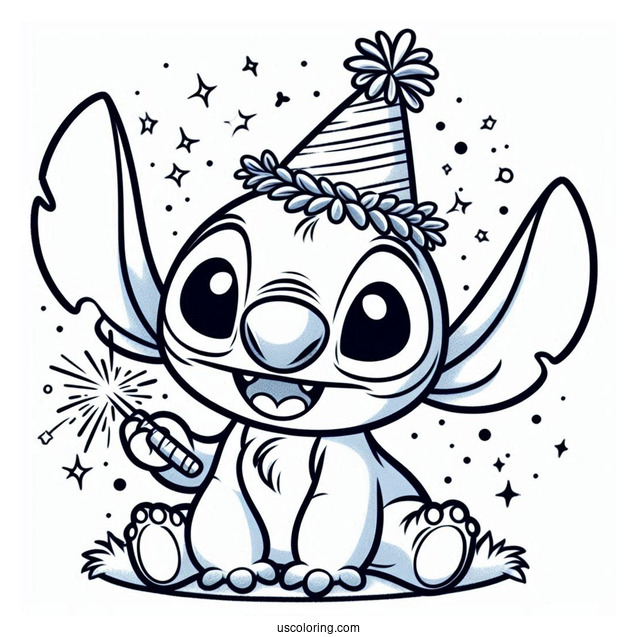 New Year Coloring Page Of Smiling Stitch With A Party Hat And A Sparkler