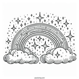 Sparkling Rainbow In Cloudy Sky Coloring Sheet