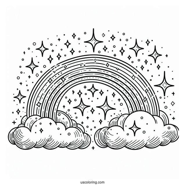 Sparkling Rainbow In Cloudy Sky Coloring Sheet