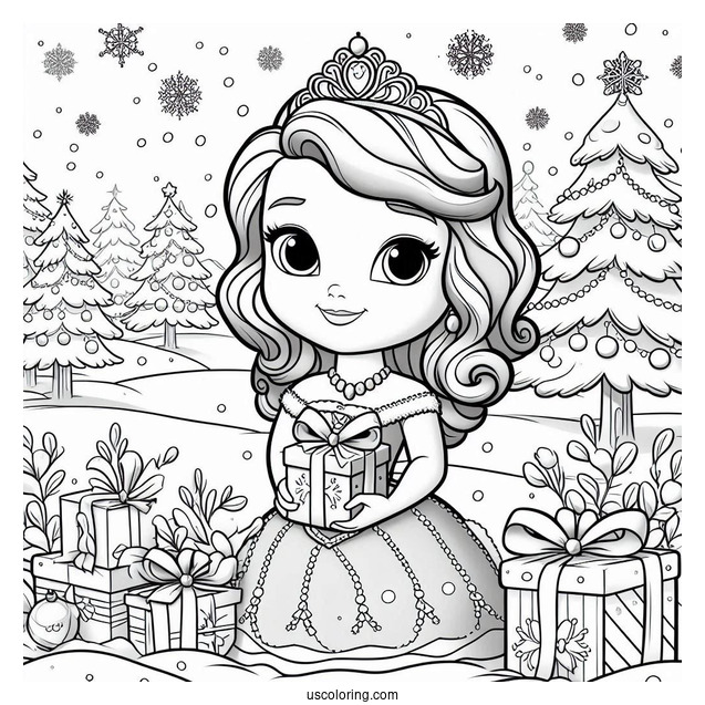 Sofia The First Coloring Page Of With Christmas Present In Snow