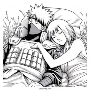 Rin Nohara Sleeping Next To Hatake Kakashi Coloring Page On The Grass