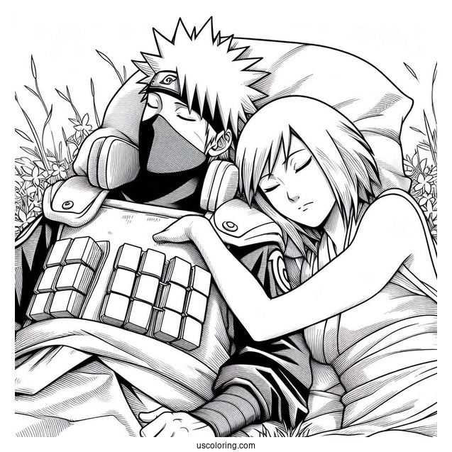 Rin Nohara Sleeping Next To Hatake Kakashi Coloring Page On The Grass
