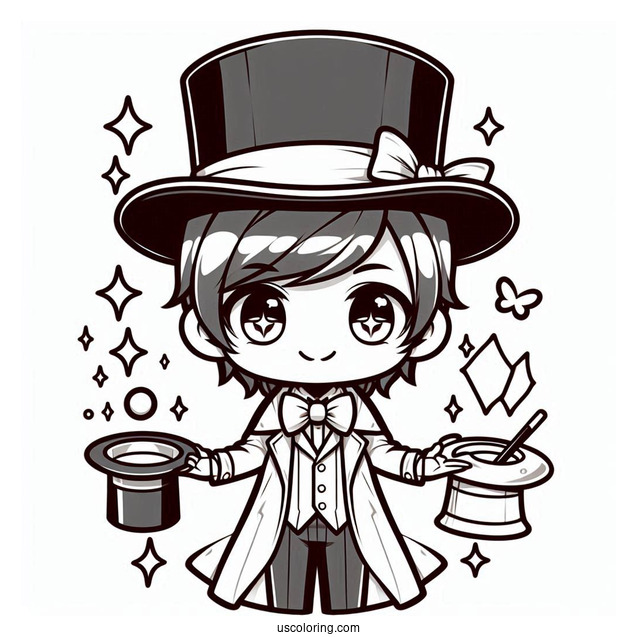 Chibi Coloring Page Stage Magician Wowing the Crowd with Magic Tricks