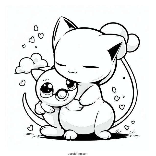 Mew Coloring Page Hugging Bulbasaur
