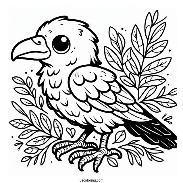 Baby Raven Coloring Page With Leaves For Kids