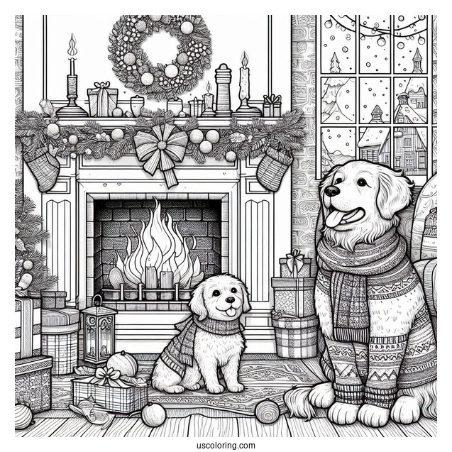Christmas Coloring Pages For Adults Of Detailed Christmas Living Room With Dog And Cat In Front Of Fireplace
