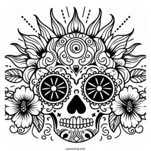 Sun And Hibiscus Patterns On Sugar Skull Eyes Coloring Page