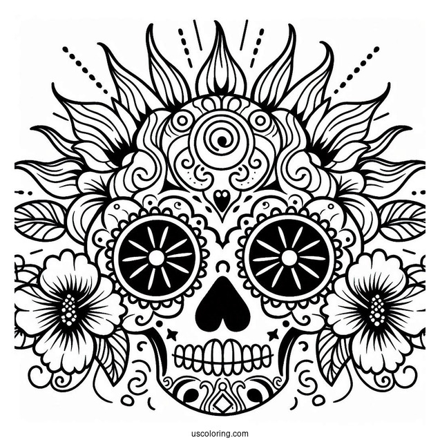 Sun And Hibiscus Patterns On Sugar Skull Eyes Coloring Page