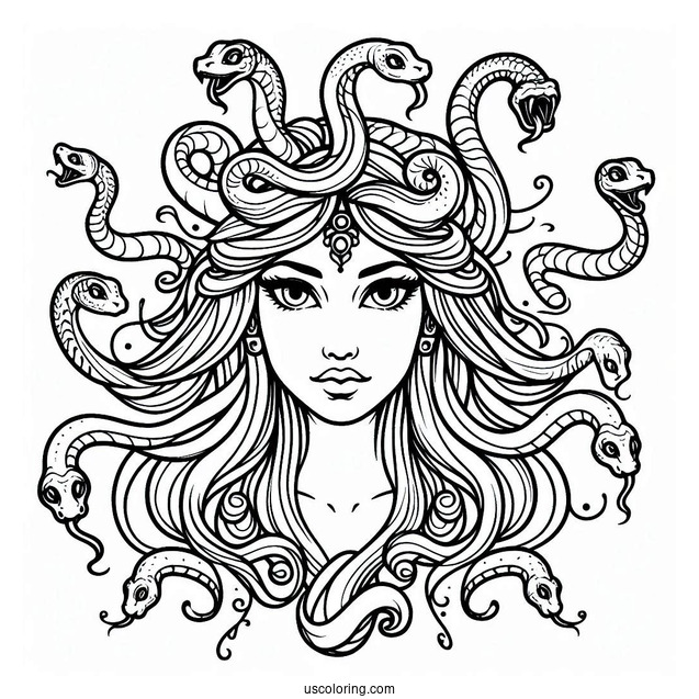 Pretty Medusa Coloring Page With Detailed Snakes