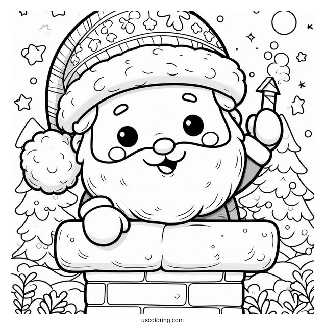 Coloring Page Of a Cute Santa Going Down a Chimney