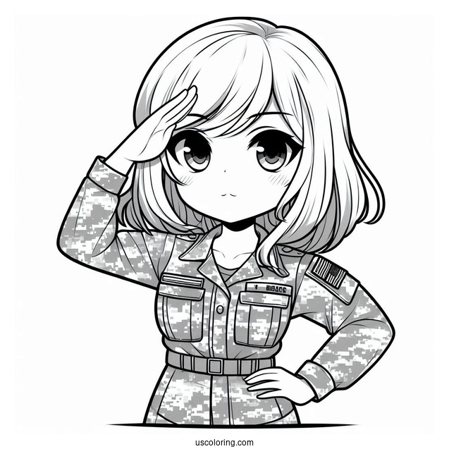 Chibi Female Soldier Coloring Page Saluting In Camouflage Uniform