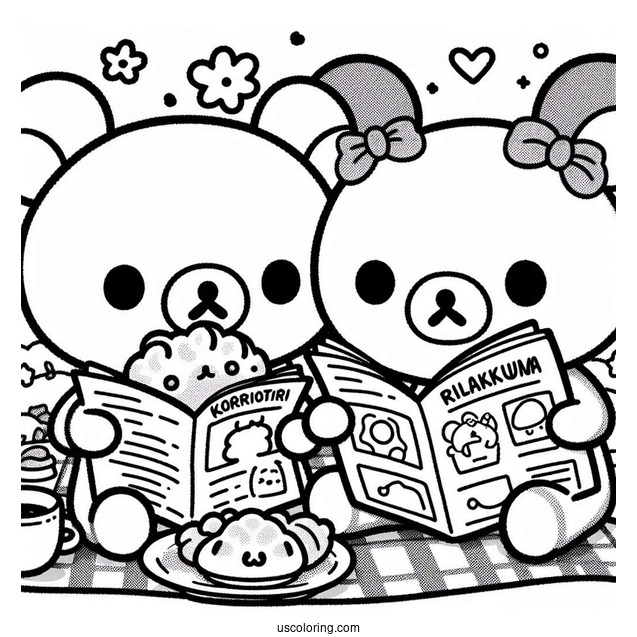 Rilakkuma Coloring Page Of Korilakkuma, And Kiiroitori Eating While Reading Magazine For Kids