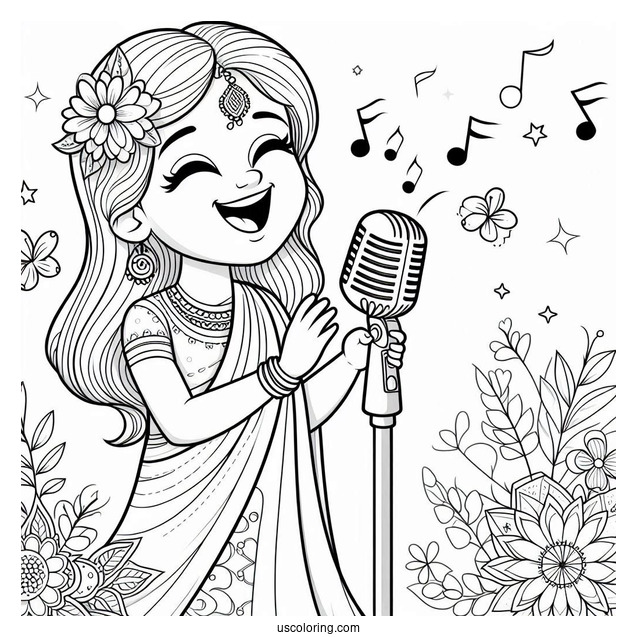 Sing Coloring Page Of Meena Singing On Microphone