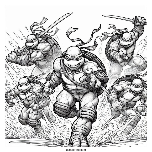 Ninja Turtles Coloring Page Of Raphael, Donatello, Michelangelo, And Leonardo Charging At Enemy