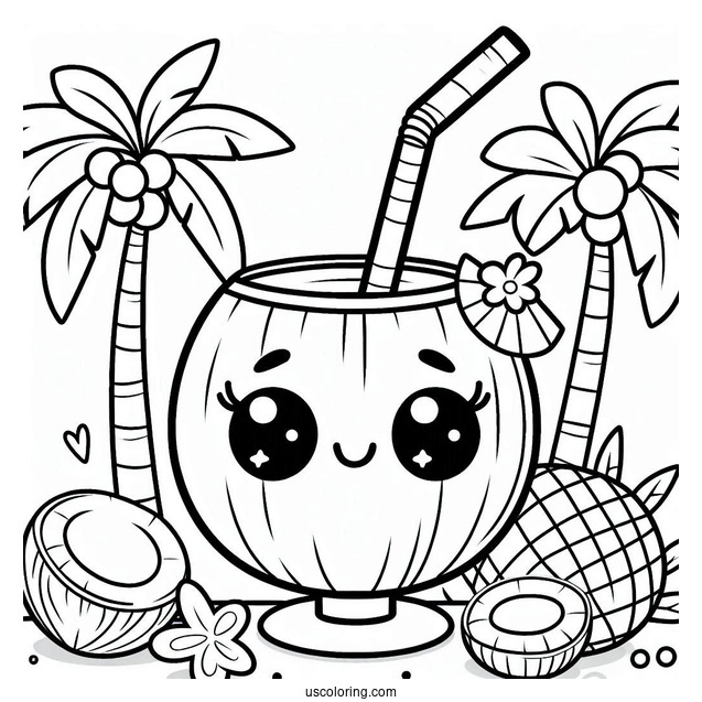 Cartoon Coconut Coloring Page Drink With Straw For Preschoolers
