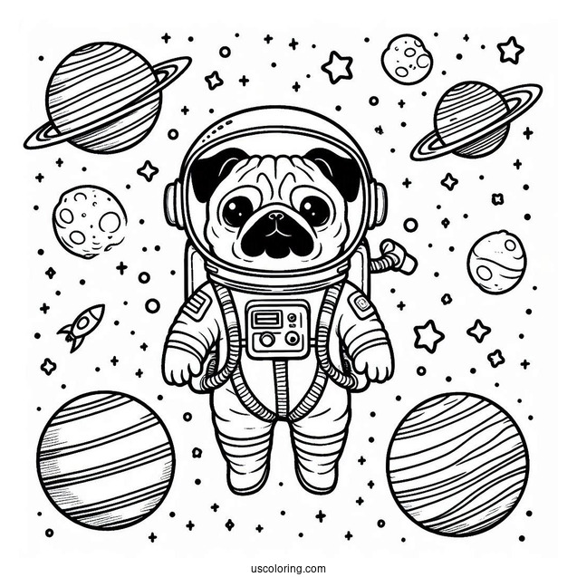 Astronaut Pug Coloring Page Floating in Outer Space