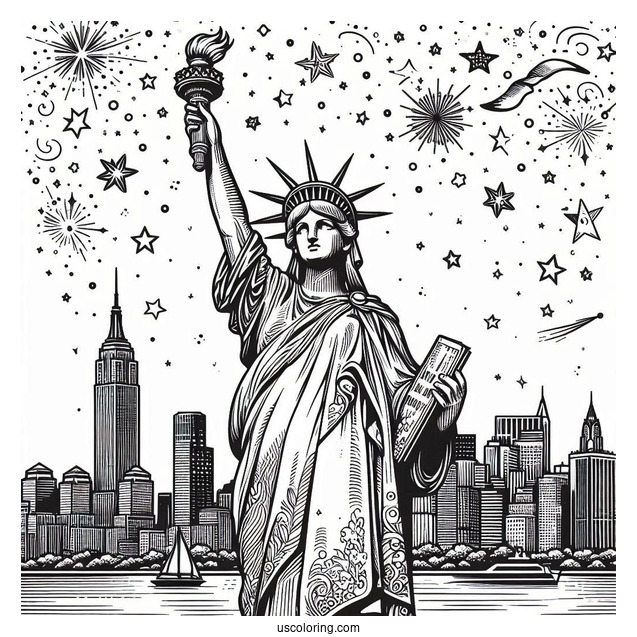 Vintage Statue Of Liberty With New York Coloring Page