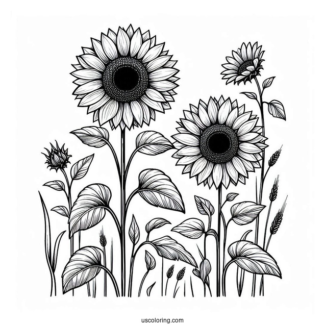 Tall Standing Sunflowers Coloring Sheet