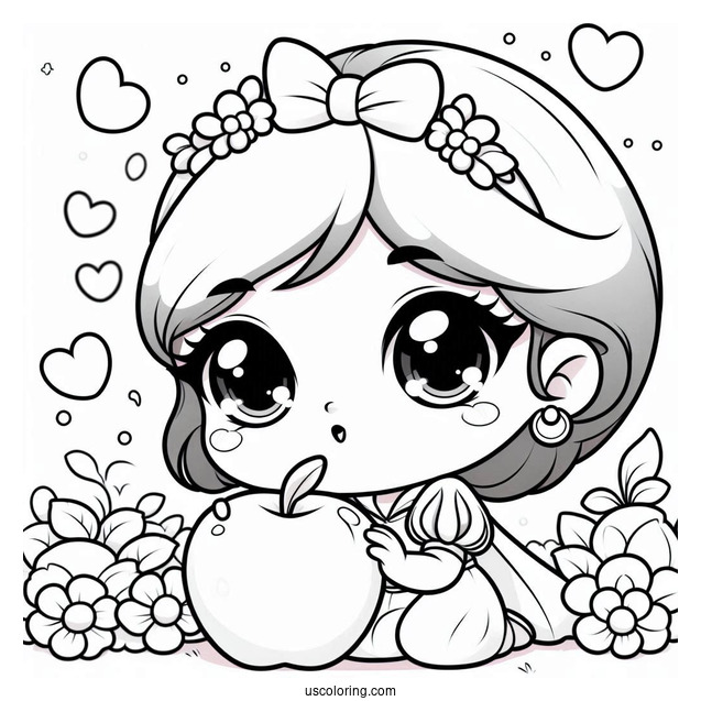 Adorable Chibi Snow White Coloring Pages Staring At An Apple For Preschoolers