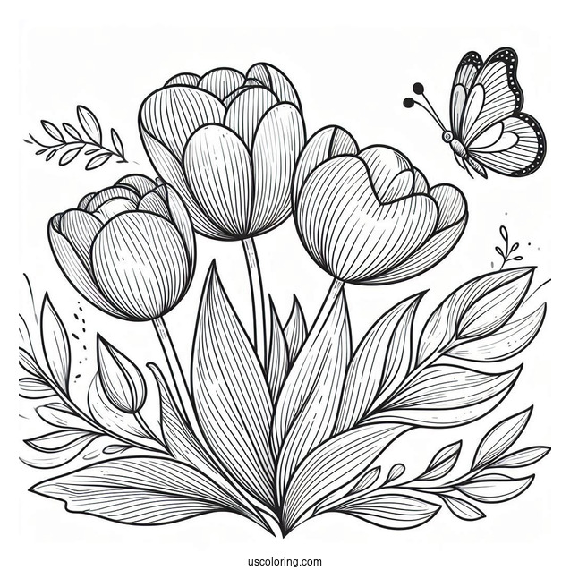 Flower Coloring Pages Of Three Tulips With Butterfly