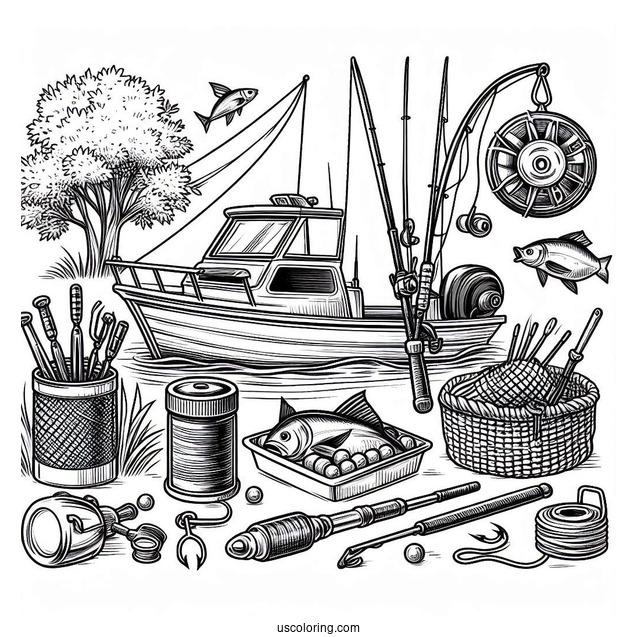 Gone Fishing Coloring Page With Bait, Rods, Nets, And Boat