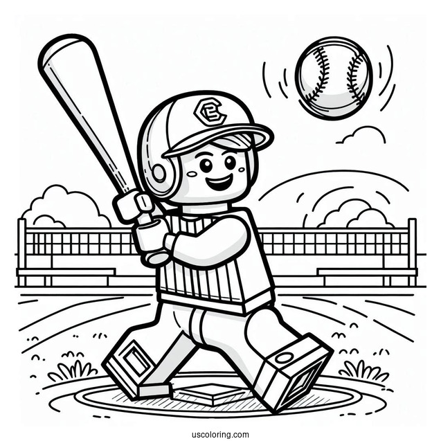LEGO Baseball Coloring Page Player Swinging A Bat for Kids