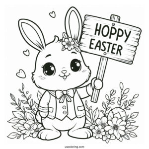 Easter Bunny Coloring Page Holding Hoppy Easter Sign For Kids