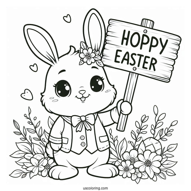 Easter Bunny Coloring Page Holding Hoppy Easter Sign For Kids