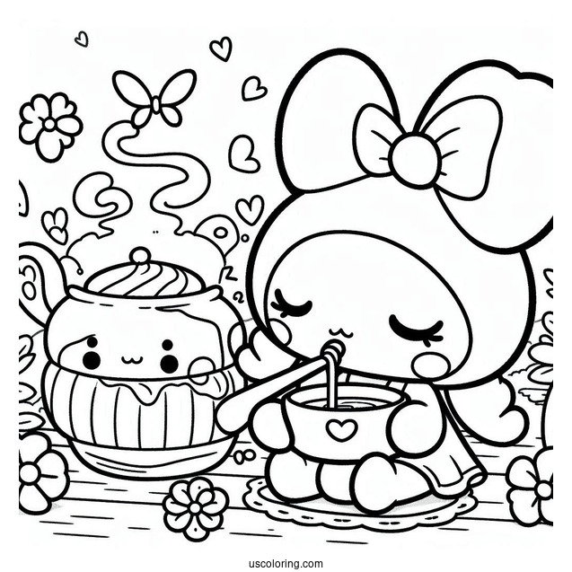 Kawaii My Melody Drinking Tea While Cinnamoroll Sleeps