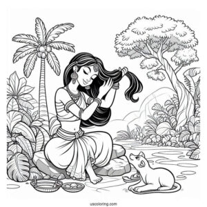 Jungle Book Coloring Page Of Shanti Fixing Her Hair While Sitting On Rock