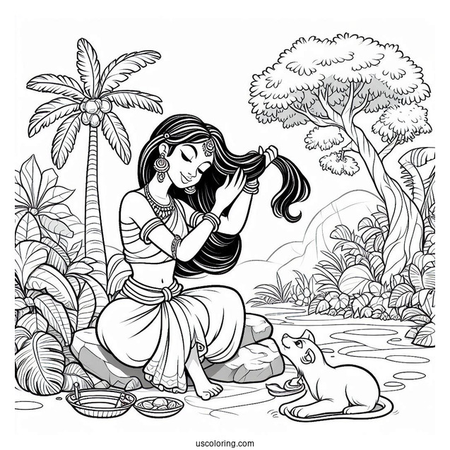 Jungle Book Coloring Page Of Shanti Fixing Her Hair While Sitting On Rock