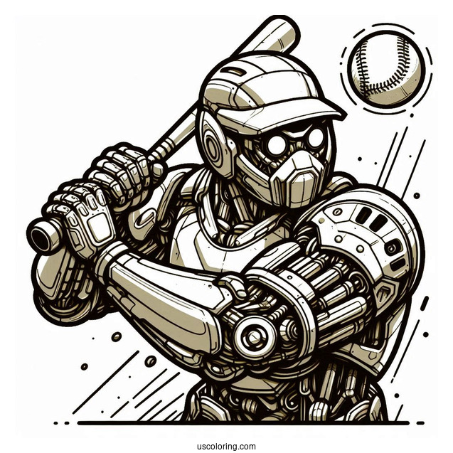 Cool Futuristic Robot Baseball Coloring Page Of Player Ready to Bat