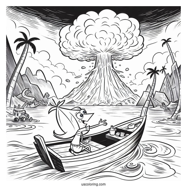 Phineas And Ferb Coloring Page With Isabella Watching Volcanic Eruption From Boat