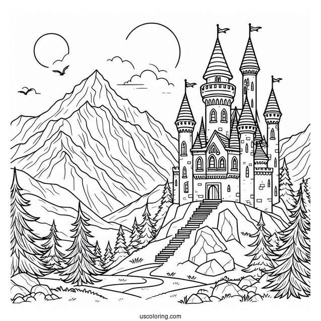 Castle Coloring Page In The Mountains