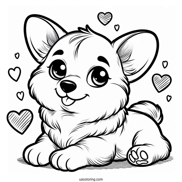Adorable Corgi Puppy With Hearts Coloring Page