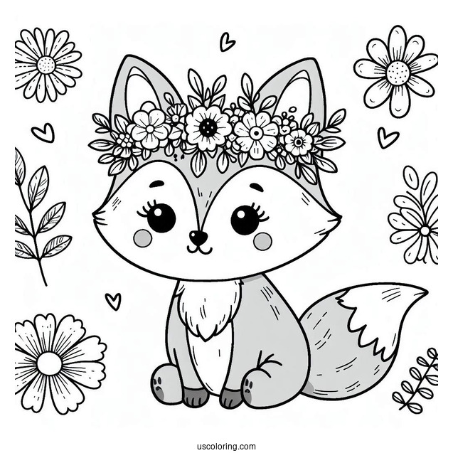 Easy Cute Coloring Page Fox Wearing A Flower Crown
