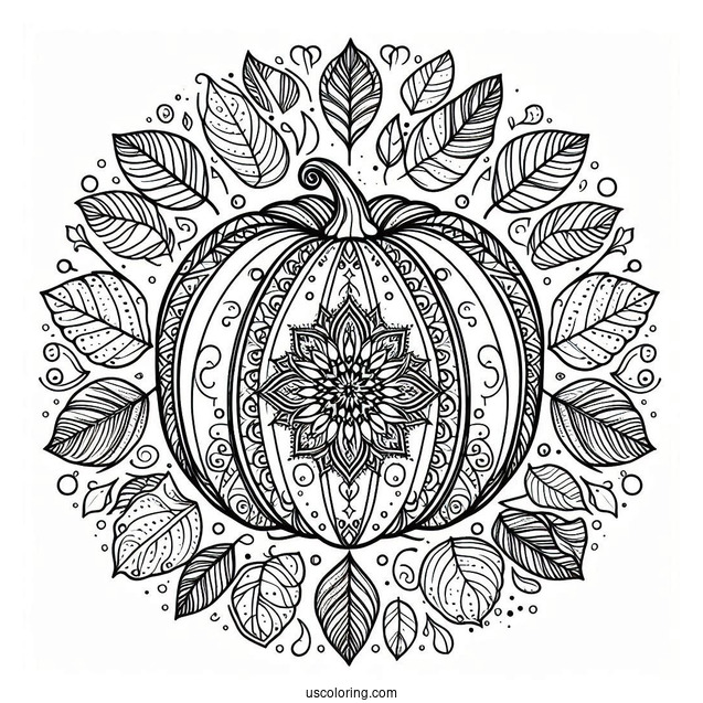 Intricate Pumpkin Coloring Page Mandala With Leaves