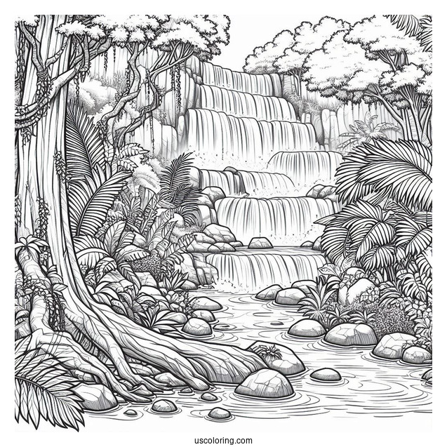 Detailed Jungle Coloring Page Of Waterfall