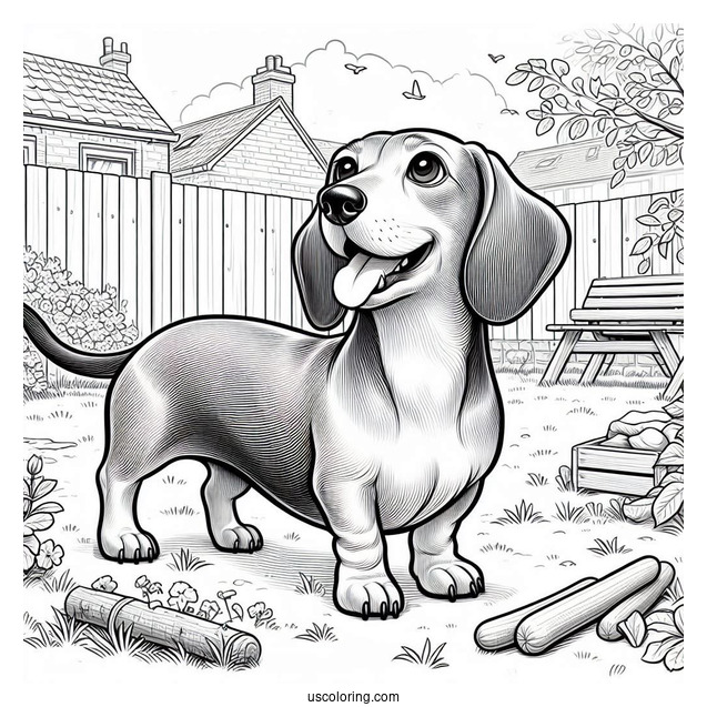 Realistic Dachshund Coloring Page In The Backyard