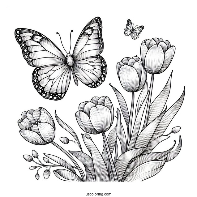Realistic Outline Of Butterfly Hovering Over Tulips