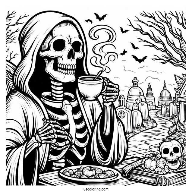 Skeleton Coloring Page Of Grim Reaper Drinking Tea In Cemetery Halloween